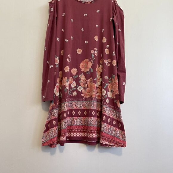 DEREK HEART Mauve Pink Floral Border Print Cold Shoulder Long Sleeve Shift Dress - Picture 5 of 15